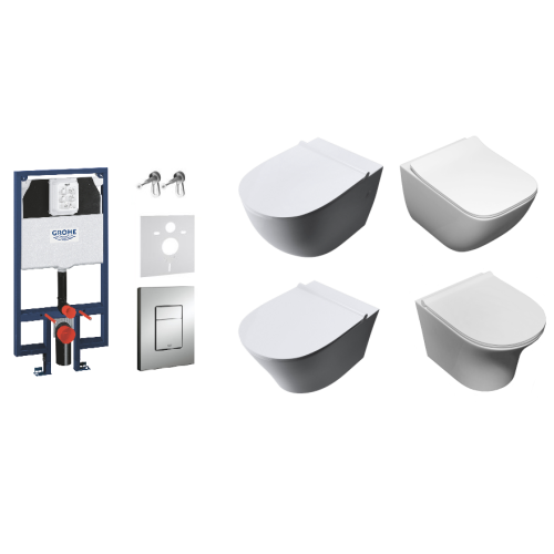 Zestaw podtynkowy 7w1: misa WC serii Rimless, stelaż Grohe Slim, przycisk do stelaża, deska wolnoopadająca, przekładka akustyczna, wsporniki dystansowe oraz kompletny zestaw instalacyjny-fot.1