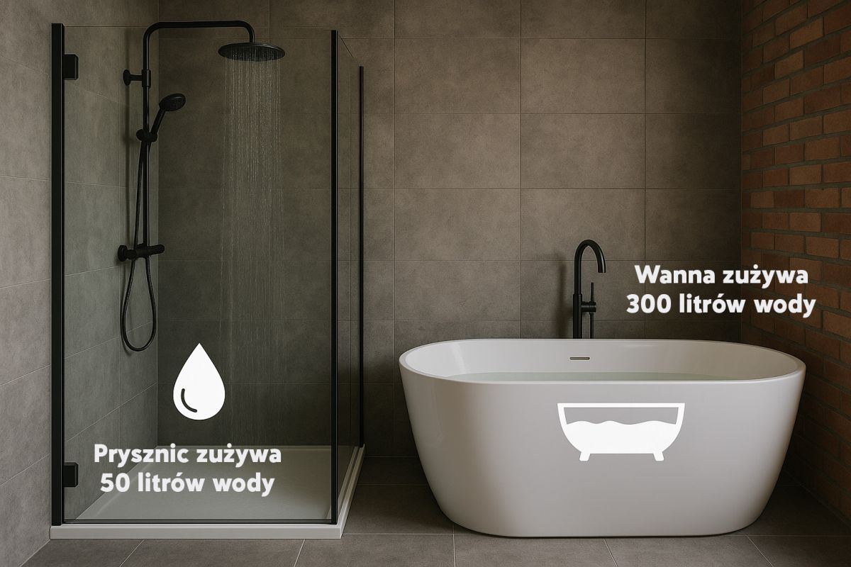 Zdjęcie pokazujące zużycie wody w prysznicu i wannie